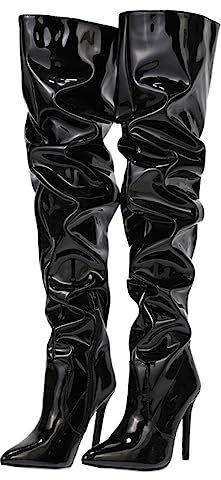 CRETUAO Stivali Donna con Tacco Alto sopra Il Ginocchio,Stivali Alti alla Coscia Elasticizzati con Punta a Punta Sexy,Stivali Lunghi con Cerniera a Specchio Verniciata alla Moda,Nero,40 EU