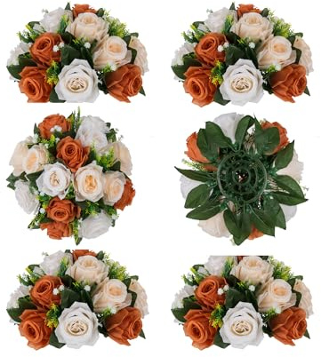 Blosmon, Blumenbälle, Hochzeitsrosen-Mittelstücke, 6 Stück, Terrakotta, künstliche Blumen, Kugelstrauß-Dekoration, künstliche Blumenarrangements, Seidenblumenstrauß mit Basis, für Heim-, Party- und