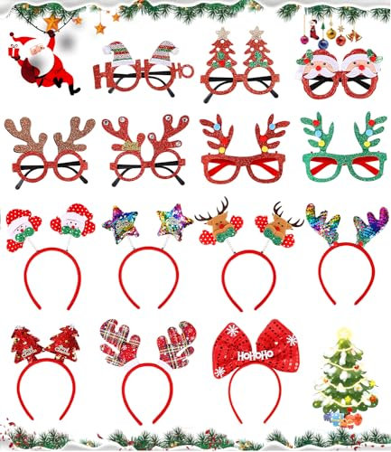 SOBEAU 14 Stück Brillen Haarreif Weihnachten,Weihnachtsbrillen Partybrillen Spassbrillen Weihnachten Rentier Kostüm Stirnbänder Tannenbaum & Weihnachtsmann Kopfbedeckung