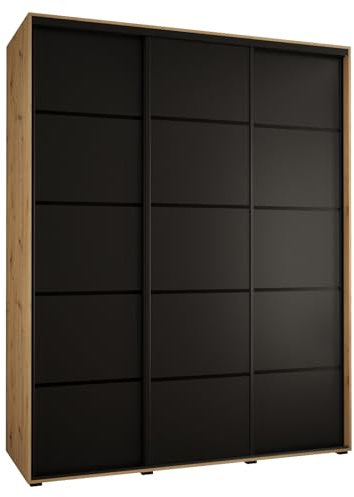 MEBLE KRYSPOL Davos 4 190 Schrank mit DREI Schiebetüren für Schlafzimmer - Moderner Kleiderschrank mit Kleiderstange und Regalen - 235,2x190x60 cm - Artisan Schwarz Schwarz