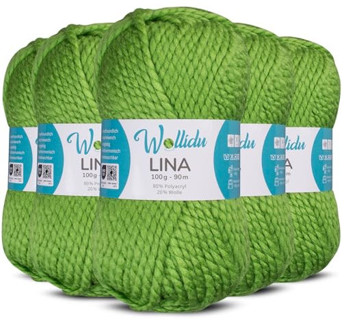 Wollidu Lina Wolle zum Stricken und Häkeln 500g 80% Polyacryl 20% Schafwolle Mulesing-frei Oeko-Tex 5x 100g/90m Häkelwolle/Strickwolle - Grün