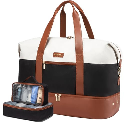 LOVEVOOK Reisetasche Damen, Weekender Damen Kliniktasche Geburt, Handgepäck Tasche Für Flugzeug, Sporttasche Garment Duffle Bag Travel Bag mit Schuhfach, Beige Braun Schwarz