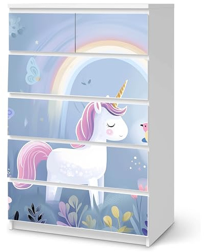 Möbelfolie Einhorn Zauber passend für Ikea Malm Kommode 6 Schubladen Deko | Selbstklebende Schrankfolie für glatte Schubladenfronten Klebefolie Kinderzimmer Schlafzimmer DIY Upcycling 6 Schubladen