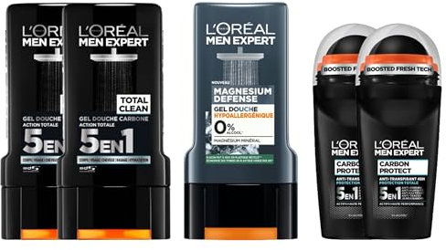 L'Oréal Men Expert - Routine Gel Douche & Déodorant Homme - 2x Gel douche Action Totale, 1x Gel Douche Magnesium Defense, 2x Déodorant Carbon Protect