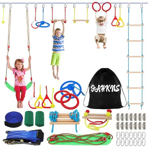 Ninja Warrior Kinder-Hindernisparcours, 15 m, langlebige Slackline mit 8 Hindernissen, lustiger und anspruchsvoller Outdoor-Kurs für aktive Kinder ab 3 Jahren