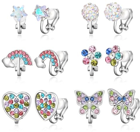 EVER FAITH 6 Paar Ohrclips für Mädchen Damen niedlich Schmetterling Blume Herz Stern Regenbogen hypoallergen Clip-on Ohrringe