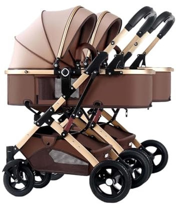 NEYTIIR Tragbarer Doppel-Kinderwagen, Tandem-Kinderwagen für Säuglinge und Kleinkinder, Verstellbarer einfach zusammenklappbare Kinderwagen, Abnehmbarer Kinderwagen zum Sitzen und Liegen(Color:braun)