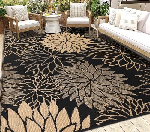 SHACOS Boho Outdoor Teppich Wetterfest Schwarz 180x270 cm Groß Kunststoffteppich Wendbar Balkon Teppich Wasserfest UV-beständig Picknickdecke für Terrasse, Camping, Garten, Deck