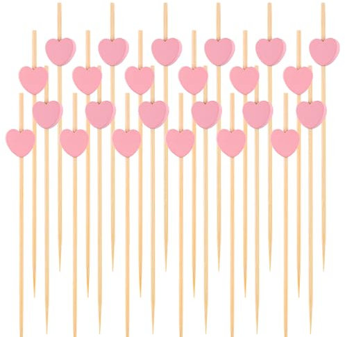 Lot de 100 pics à cocktail en forme de cœur rose de 11,9 cm pour apéritifs, brochettes à cocktail en bambou pour mariage, anniversaire, Saint-Valentin, décoration de fête