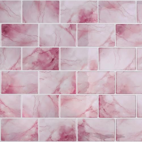 CRE8TIVE 16 Pièces Carrelage Adhesif Mural Cuisine Marbre Rose Credence Adhesive pour Cuisine Imperméable Dalle PVC Adhesive Murale Métro Carreaux Adhesif Salle de Bain Buanderie 30.5cm x 30.5cm