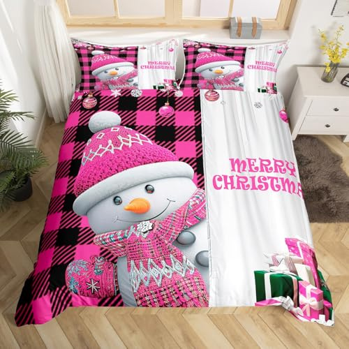 Homewish Winter Schneemann 135x200 Bettbezug,Nette Weihnachten Bettwäsche Set Dekorationen für Kinder Mädchen,Rosa und Schwarz Büffel Plaid Bett Set Lustige Weihnachten Bettbezug