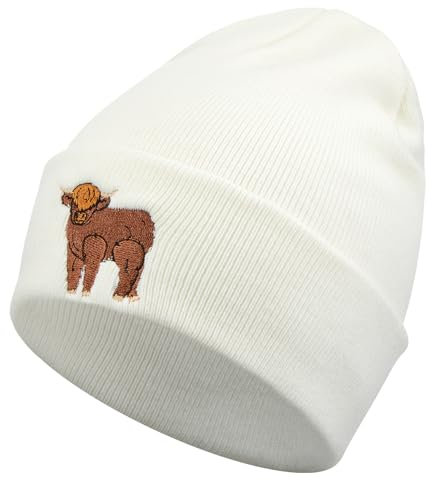 Sintege Beanie Mütze Hochlandkuh Stickerei Lustige Strickemütze Schottische Kuh Wintermütze Unisex(Weiß,Klassischer)