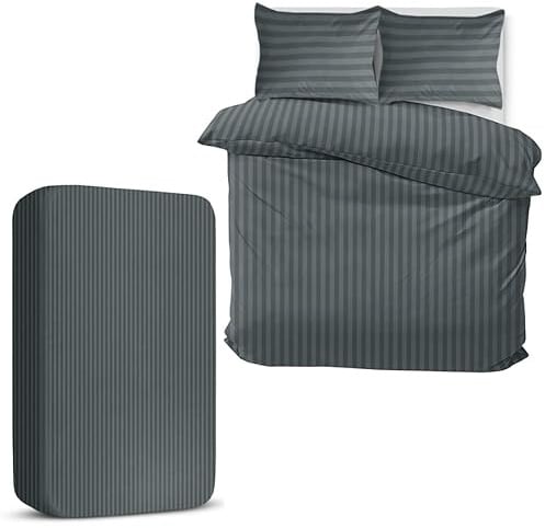 MOONLIGHT20015 Super King Duvet Set 4 Piece Satin Stripe Duvet Covers Soft Brushed Microfiber Bedding Set with Fitted Sheet & 2 Pillowcases (Charcoal, 260x220 cm)