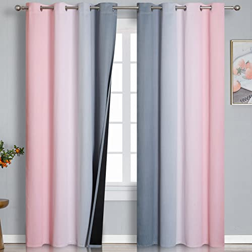 VEHEDE Thermal Insulated Noise Reducing Ombre Blackout Curtains 90 Inch Drop for Kids Bedroom, Stripe Wave Light Blocking Eyelet Drapes for Living Room, W52 x L90 Inch, Pink and Grey, 2 Panels