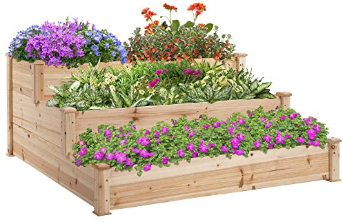 Outsunny Jardinera Exterior Grande de Madera Arriate de Jardín de 3 Niveles con Diseño de Escalera Huerto Urbano para Cultivos Plantas Flores para Patio Terraza Balcón 120x120x56 cm Natural