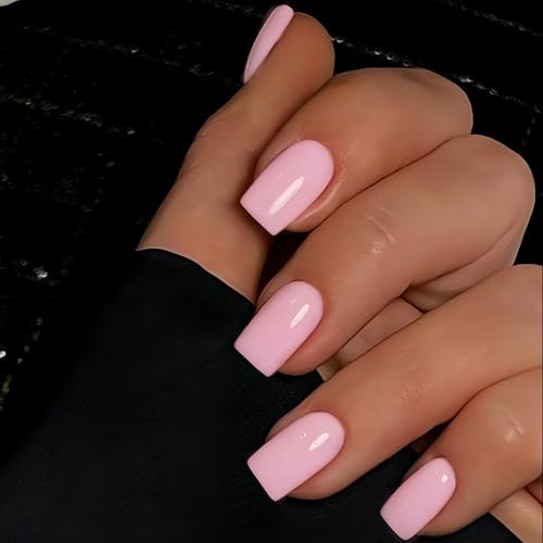 SXVME Baby Pink False Nails Short Medium Square, Gel Press on Nails Coffin Medium Glossy Fake Nails Set Solid Color Acrylic Nail Natural Fit Reusable Stick on Nail for Women Daily Wear, in 30 Pcs