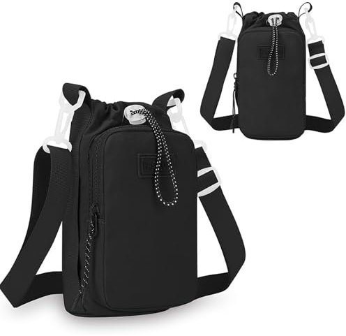 SGQTZDZQ Water Bottle Bag,Water Bottle Carrier with Shoulder Strap,Insulated Holder Bag with Phone Pocket for Walking Hiking Camping (Black)