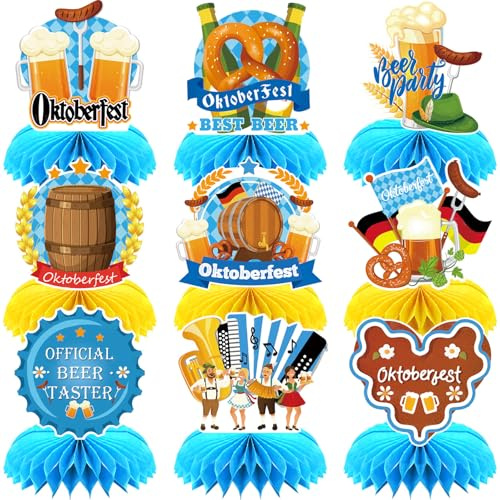 FloralGrace 9 Stück Oktoberfest Deko Bienenwaben, Oktoberfest Tischdeko, Oktoberfest Bienenwabe Deko Set, Bayerische Deko 3D für Oktoberfestparty, Bayrische Bierfest Deko