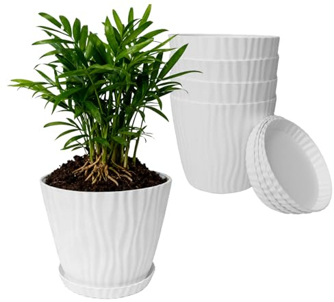 SDLDEER 18cm Plant Pots Indoor, 5 Pack Plastic Flower Pots with Drainage Holes and Saucer, Decorative Water Stripe Grooves Planters for Indoor Outdoor Houseplants (White)