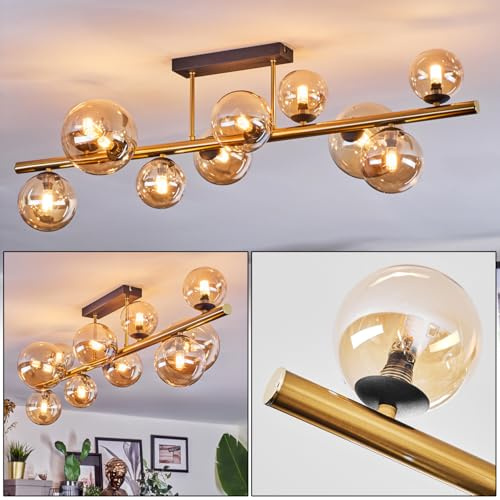 HOFSTEIN Deckenleuchte Chehalis, 10-flammige Deckenlampe aus Metall/Glas in Schwarz/Gold/Bernstein, moderne Leuchte im Vintage-Design (Schirme Ø 15 cm), G9, Esszimmer, Wohnzimmer, Schlafzimmer