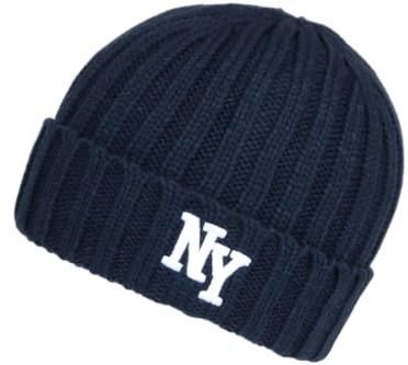 NY Mütze aus Wolle gestrickt mit New York Logo, gerippter Stil, Greenport, blau, One size