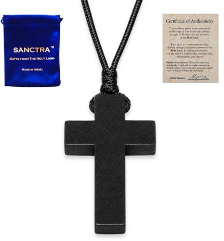 Collier croix en bois pour homme et femme, pendentif chrétien de foi | Pendentif en forme de croix, fabriqué à la main et béni en Terre Sainte, avec pochette cadeau et certificat d’authenticité