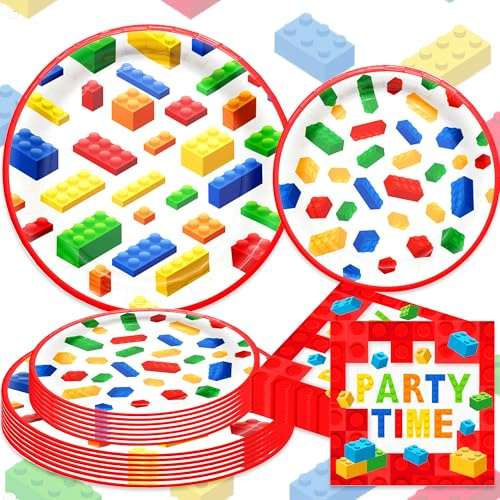 Building Blocks Birthday Tableware Blocks Paper Plates Napkins Party Decor | Blocks Birthday Banner Garland for Party Supplies for 16 Guests