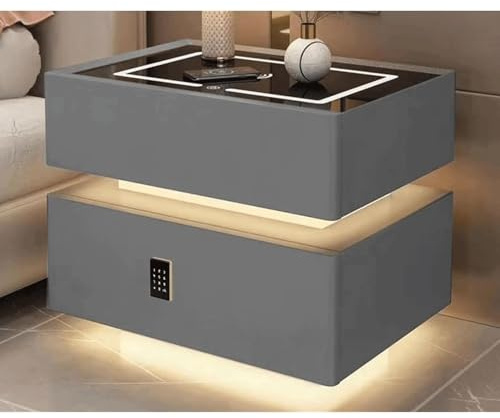 Smart LED bedside table with charging station and password security lock – wooden bedside table for bedroom and living room