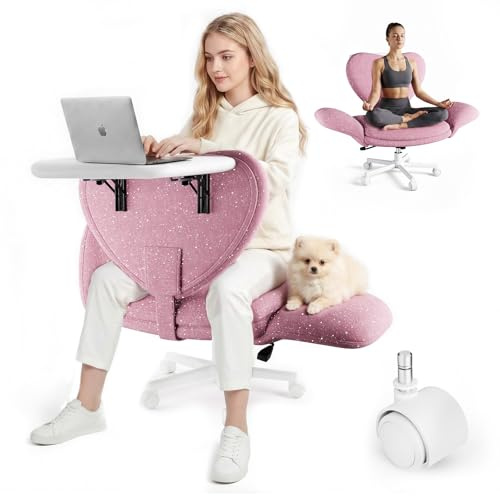HOMRELEXA Bürostuhl mit Klappbarer Tischplatte, Breiter Schneidersitz Stuhl mit Klappbaren Armlehnen, Höhenverstellbarer Schreibtischstuhl aus Chenille-Stoff für Homeoffice und Wohnzimmer, Rosa