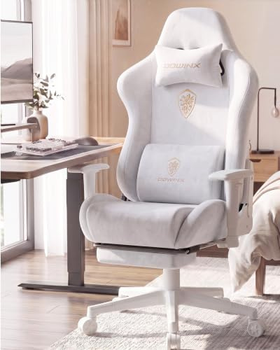 Dowinx Gaming Stuhl, Ergonomischer Gamer Chair mit Fußstütze, Wildlederimitat Gaming Sessel mit 90°-155° Rückenlehne, 150KG Belastbarkeit PC Stuhl, Computerstuhl mit Flüsterleise PU-Rollen, Weiß