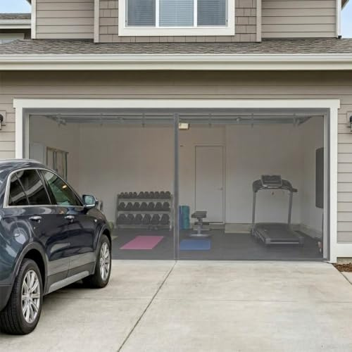 Moustiquaire pour Double Porte de Garage, Rideau Magnétique Fermeture Automatique, Maille en Fibre de Verre avec 6 Sangles Enroulables(Gris,520 x 305 cm)