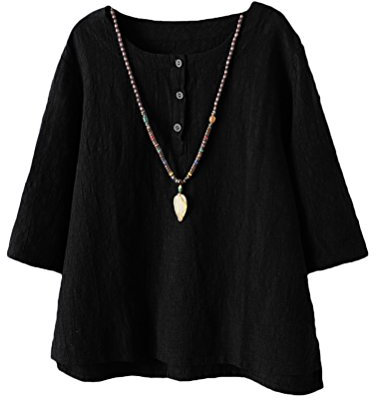Vogstyle Women's New Cotton Linen Tunic Tee Shirt Jacquard Tops Black XXL