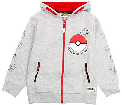 Pokemon Boys Hoodie | Childrens Pokeball Gotta Catch Em All Zip Up Jumper | Pikachu Grey & Red Sweatshirt for Kids | Long Sleeve, Hooded & Pockets