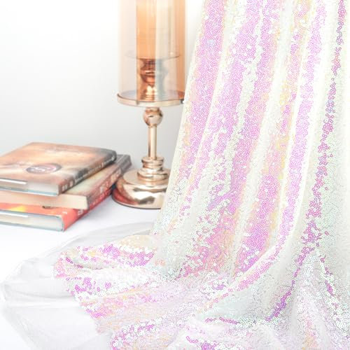 ShinyBeauty Weiß Pailletten Stoff Meerjungfrau Stoff gewechselt weiß Glitter Material 200 cm Länge Tischdecke glitzernd Tischläufer, Materialien