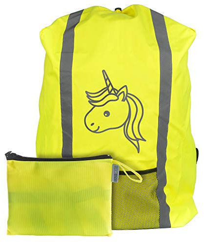 EAZY CASE Rucksack Schulranzen Regenschutz, Schutzhülle mit Reflektorstreifen, Regenüberzug, Regenschutzhülle wasserabweisend mit Reflektor und Tasche, mehr Sicherheit im Straßenverkehr, Einhorn Gelb