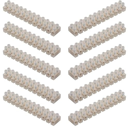 GTSE 10 Pack of 12 Way 5 Amp Electrical Connector Block, 115mm Length, White Terminal Block Electrical Connector Strips