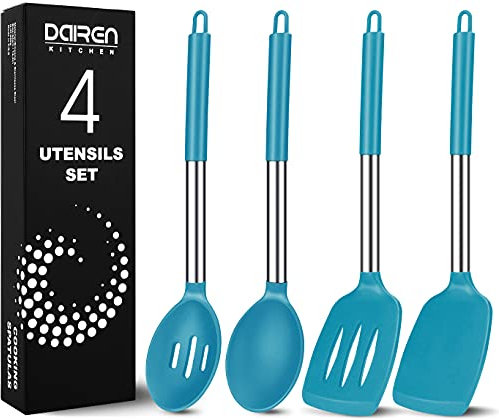 Silicone Cooking Spatulas and Spoons, 4 Pack Heat Resistant Silicone Cooking Utensils Set, Non Stick Large Kitchen Silicone Spatula and Spoons for Cooking, Mixing, Serving, Draining, Blue