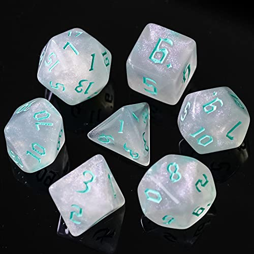 Pen and Paper Würfel Set - 7-teilig, Frosted Glitter Edition, polyedrische Rollenspiel-Würfel, für Dungeons and Dragons (D&D), Das Schwarze Auge (DSA), Aborea, Splittermond, Shadowrun (türkis)