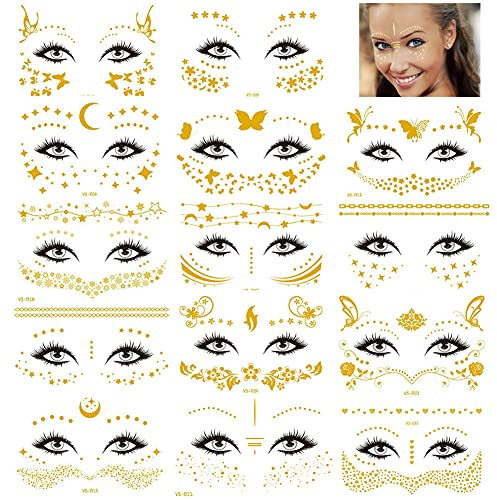 Rosymormor 14 Hojas Tatuajes Temporales Faciales, Tatuajes Falsos Pecas Efímeros Dorados Brillos Pegatinas para Cara Mujeres Niñas Festivales Disfraces Halloween Fiesta Carnaval Maquillaje Navidad