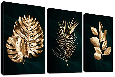 3Pcs Cadre en bois Impression sur Toile Forêt Arbre Or Palm Feuilles Tableau Affiche Decoration Murale Peinture Image Tableau Decoration Murale Salon Chambre Maison Décorations 120x60cm(16x24x3pcs)