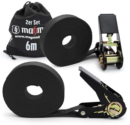 MAGMA 2 Sangles à Boucle à Came 6 m | Sangle à Cliquet pour Galeries de Toit et Remorques | Réglable, Attache Kayak, Planche Surf, Canoë, Vélo, Moto | Force de Rupture 1600kgf/unit, Couleur Noire