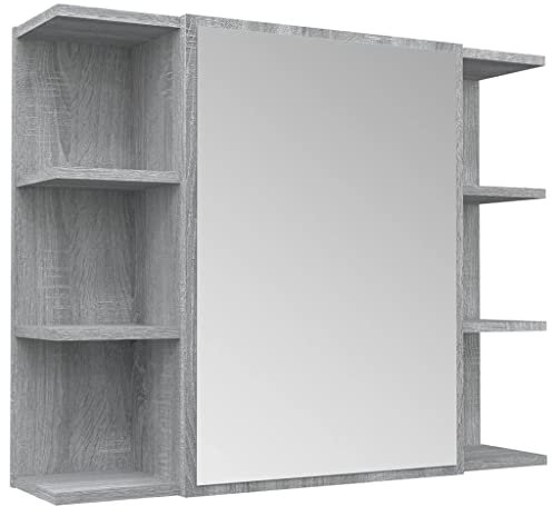 vidaXL Bad Spiegelschrank, Badschrank Badezimmerschrank mit Tür Fächern, Wandschrank für Badezimmer, Badspiegel Badmöbel, Modern, Grau Sonoma Holzwerkstoff