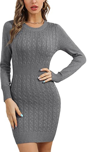 Gyabnw Womens Jumper Dress Crew Neck Cable Knit Long Sleeve Bodycon Mini
