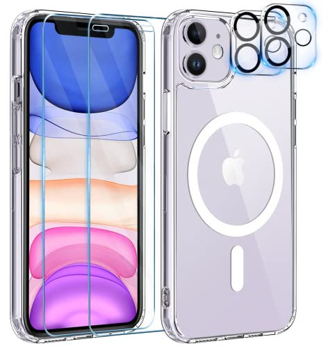 YisrLery 5-in-1 iPhone 11 Hülle für Mag Safe mit 2 Stück Schutzfolie und 2 Stück Kameraschutz Militärnorm Schutz, PC Kratzresistente Rückseite Stoßfest TPU Bumper Magnetische Hülle 6,1'' - Klar