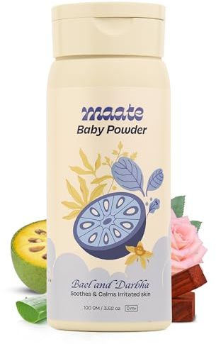 Maate Talkfreies, natürliches und ayurvedisches Babypuder, beruhigt und hält die Haut Ihres Babys ruhig, angereichert mit Bael-Frucht, roter Sandale und Darbha, 100 % natürlich, nicht reizend und