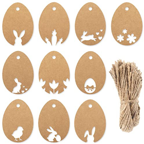 Whaline 100 Stück Oster-Kraftpapier-Anhänger mit Hanfseil, Ostereier-Form, ausgehöhlte Oster-Themen-Geschenkanhänger für Ostern, hängende Ornamente, DIY-Geschenk, Party, Gastgeschenk, Dekoration, 10