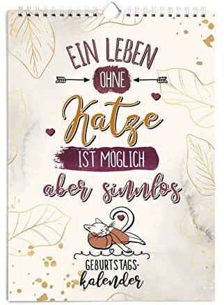 TypeStoff Geburtstagskalender mit Sprüchen zum Thema Katze, Kalender DIN-A4-Hochformat zum Aufhängen mit Spiralbindung - KA-01332