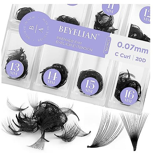 BEYELIAN 500 Fans Premade Fans Eyelash Extensions 0.07mm 20D C Curl Volume Lash Extensions Pre Made Fans Lash Extensions Handmade Promade Loose Fans Thin Base 9-16mm Mixed
