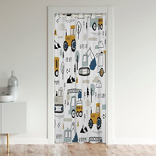 Construction Door Curtain for Doorway Privacy,Cartoon Equipment Trucks 30%-50% Room Darkening Blackout Curtain,Car Excavator Tractor Vehicles White Room Divider Curtain Cover,132x203cm 1 Panel