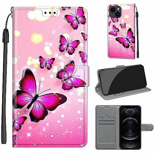 for iPhone 14 (6.1) 2022 5G Case, PU Leather Wallet Book Flip Folio Stand View Cover Pouch Compatible with iPhone 13 Phone Case (Pink Butterfly)